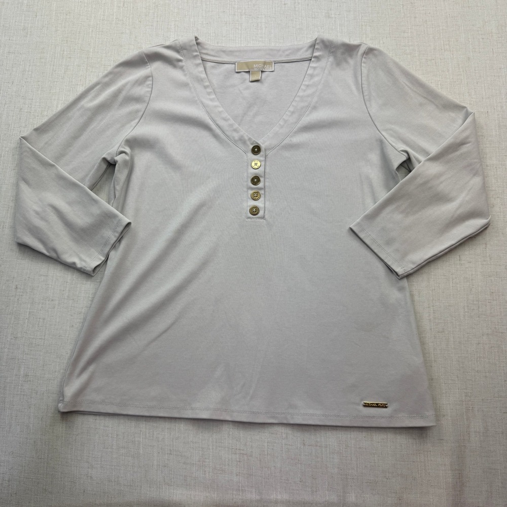 Michael Kors Henley Top Womens Large Gray 3/4 Sleeve Gold Button Ribbed Casual